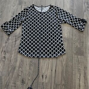 3X Women's Black White Geometric Top 3/4‎ Sleeve Career Capsule Closet Staple
